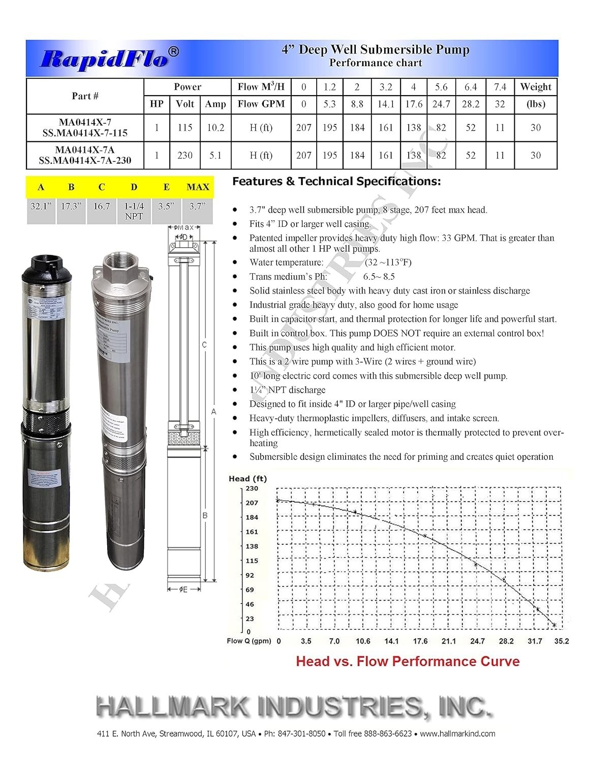 1 HP Deep Well Submersible Pump, 230V, 33 GPM – Stainless Steel, Quiet Design