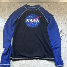 Boys NASA Youth Size MEDIUM Swim Shirt Blue And Black Long Sleeve