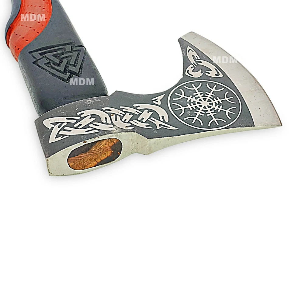 Hacha Vikinga, Hacha de Acero de Alto Carbono Grabada a Mano Personalizada con Funda de Cuero Foto 3 de 4