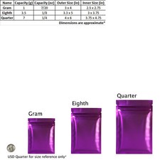 Bolsas de almacenamiento de bocadillos resellables barrera púrpura mate gramo OZ tamaños de octavo cuarto