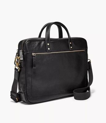 Fossil Men's Haskell Double Zip Leather Workbag Briefcase Black 16 x 3 x 12.5