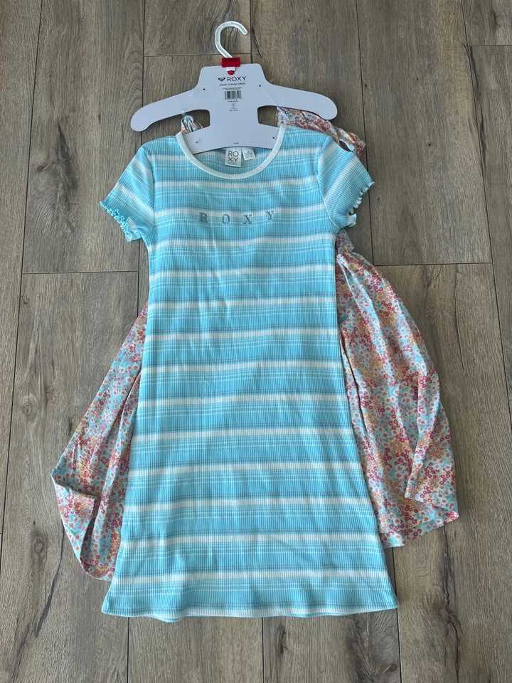ROXY Brand Youth Girls Dress Set Size M 10/12 Pink Floral & Aqua Popover Tee - Image 2 of 4