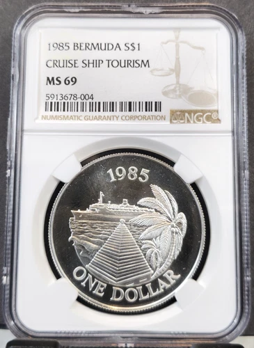 1985 BERMUDA SILVER DOLLAR S$1 CRUISE SHIP TOURISM NGC MS 69 SCARCE GEM BEAUTY