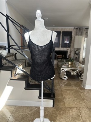 Calvin Klein Collection 90s Black Silk Knit Geometric Crystal Net Camisole M