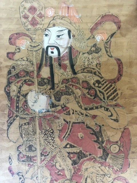 古董 20 世纪早期带框门神木版画,战士守护者 — 第 2/4 张图片