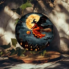 1pc 8x8 Inch Aluminum Round Witch on Broomstick Halloween Wall Decor - Spooky G