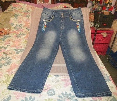 Embroidered Baby Boot Jeans Womens 2X 36 High Rise Stretch Denim Crop Feathers