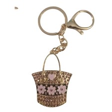 Gold Tone Basket Purse Keychain Bag Charm Rhinestone Flowers Heart Accessories