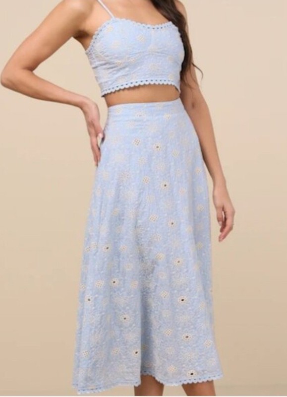 Lulu's Pastel Blue Cut-work Eyelet A-Line Skirt Set, Spaghetti Strap Top, NWT,SM