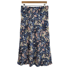 NWT LOFT Floral Pull On Midi Skirt Blue Pink A Line Elastic Waist M Cottagecore