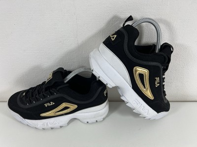 FILA Disruptor II Black Gold Chunky Trainers Wedge Platform