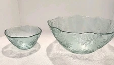 Sunflower Green Glass Serving Bowls 6" & 11" Diameters Vintage Chip & Dip 