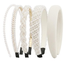 5 Pack White Faux Pearl Padded NonSlip Bridal Headbands For Women