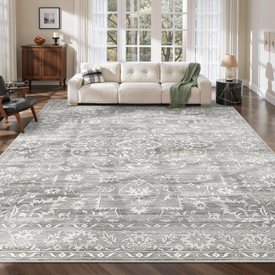 Vintage Floral 9x12 Washable Area Rug - Soft, Stain Resistant, Non-Slip Grey