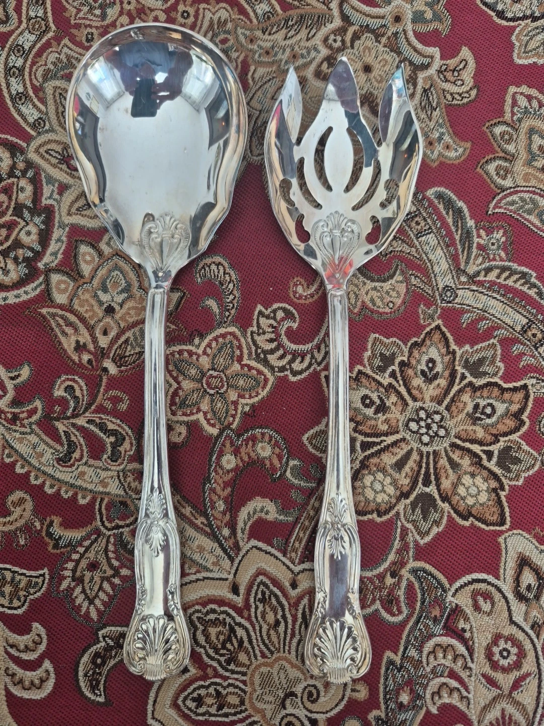 Sheffield Kings Pattern Silver Plated Salad Fork & Spoon Serving Set Vintage