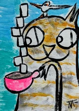 ACEO Cat Painting Collectible Original Beach Coffee Art Signed Samantha McLean
