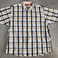 Wrangler Shirt Men's XL Blue Plaid Short Sleeve Button Down Collared Outdoor