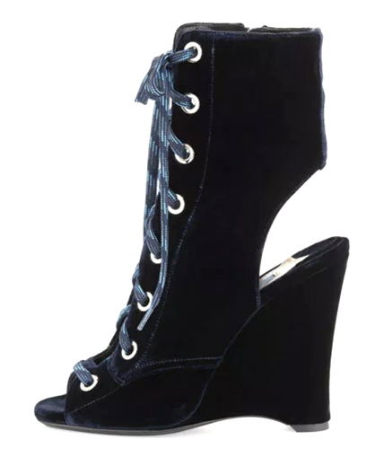 *RUNWAY* PRADA MILANO WEDGE BOOTIE NAVY SUEDE LACE-UP SIDE ZIP SZ US 7.5 EU 37.5 - Picture 5 of 13