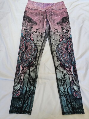 Evolution and Creation Print Leggings Medium Elephant Pink Teal Black   