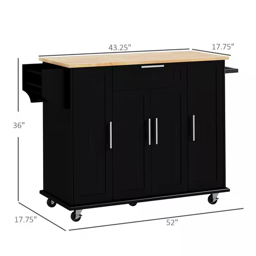 52" Kitchen Island Kitchen Cart w/ Cabinets Storage Modern Design Black Wood - Picture 3 of 12