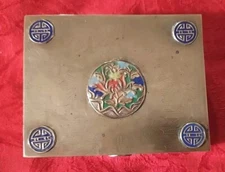Antique Brass & Enamel Cedar Lined 4 3/8"x 3 1/2"x 1 5/8"Trinket Box