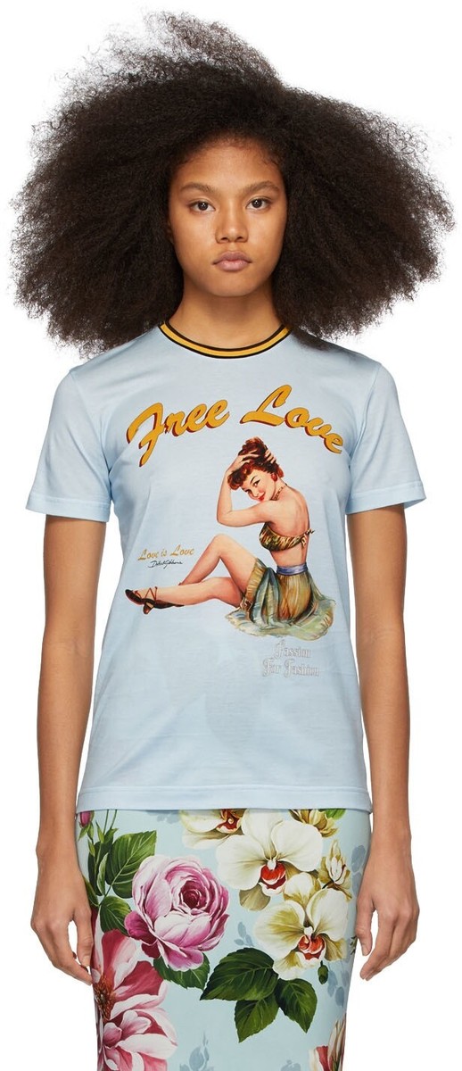 DOLCE&GABBANA 絵画プリント カラフル Tシャツ DOLCE & GABBANA Blue Pin-Up Free Love Printed T-shirt Sz 44