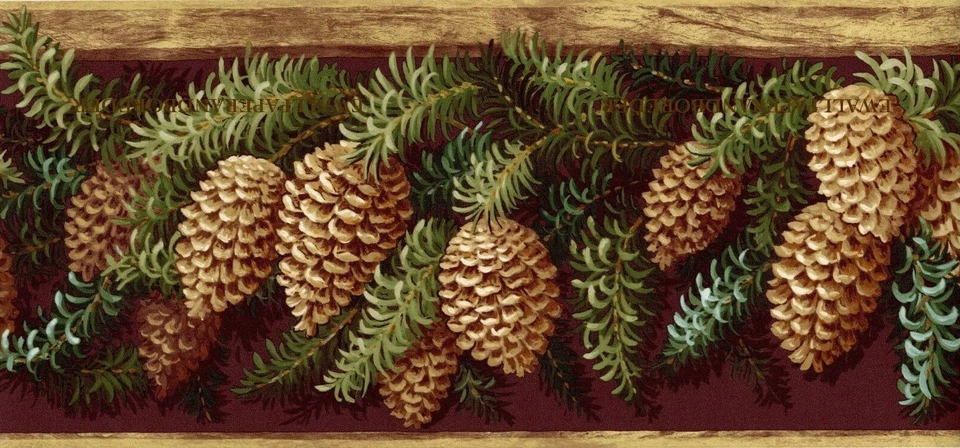 Rustic Pinecone Wallpaper Border Camper Boughs Trail Leaf Country Green Brown - Image 3 of 4