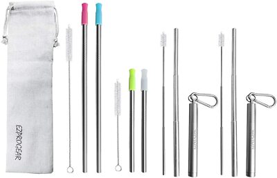 Ezprogear Metal Stainless Steel Wide Straws with Silicone Tips Collapsible Straw
