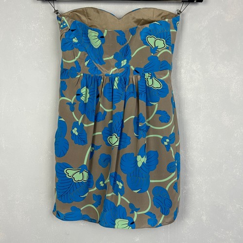 Tibi size 8 short dress strapless pleated 100% silk brown blue floral NEW - Picture 4 of 12