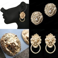 LION EARRINGS stud/hoop GOLD FASHION studs BLING HIP HOP vintage DOOR KNOCKER