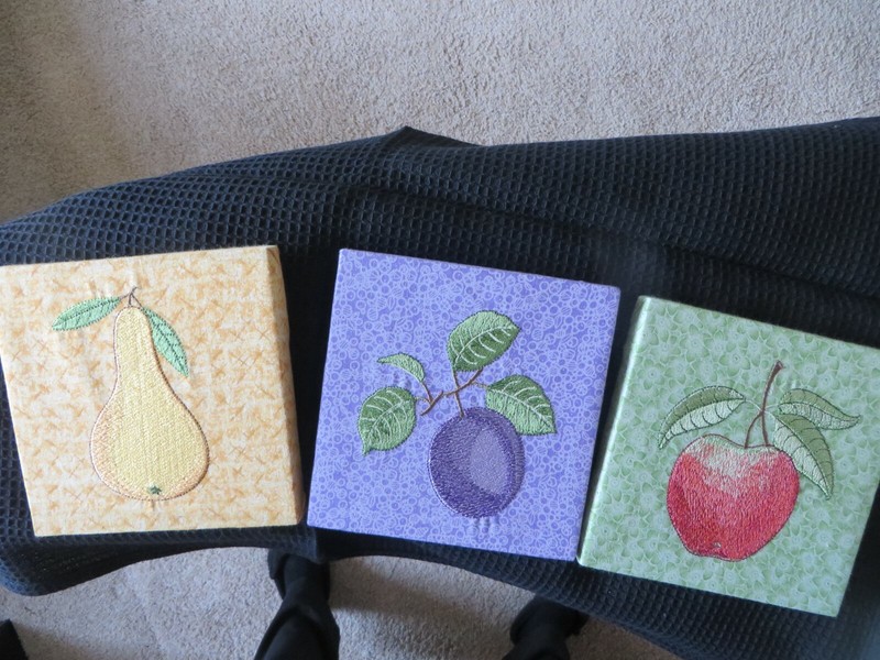 NEW - MACHINE EMBROIDERED PEAR, PLUM, APPLE  PICTURES