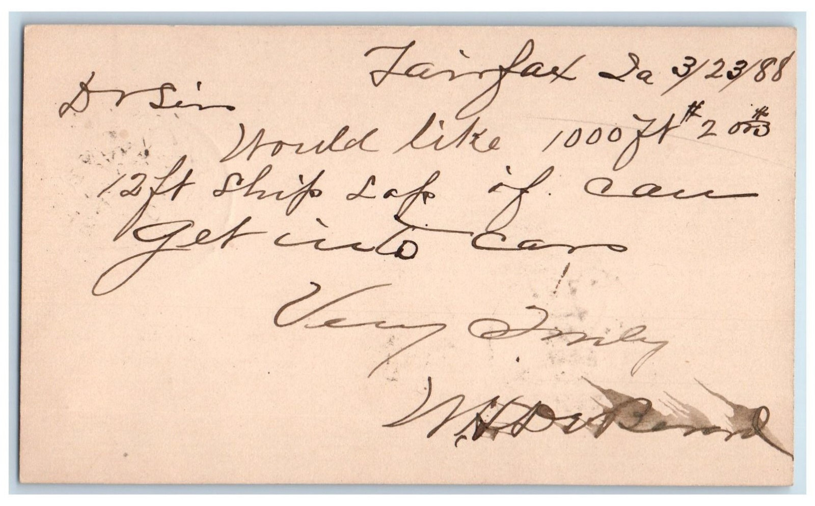 1888 Lumber Ship Fairfax Iowa IA Clinton Iowa IA Antique Posted Postal