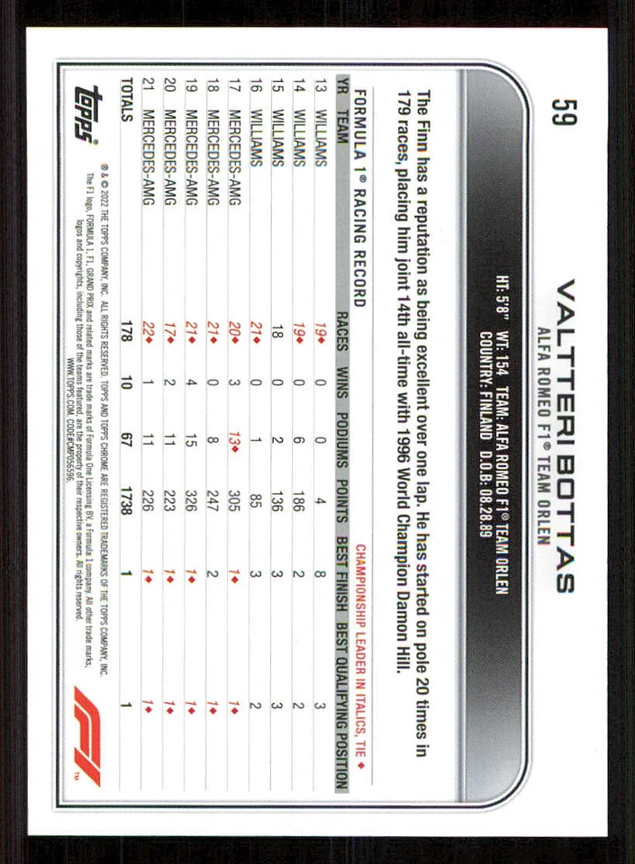 2022 Topps Chrome Formula 1 #59 Valtteri Bottas - Image 2 of 2