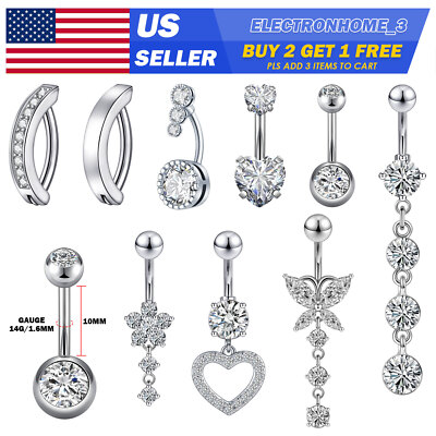 9pc 14G CZ Belly Button Ring Long Dangled Navel Bar Piercing Jewelry Silver Gold