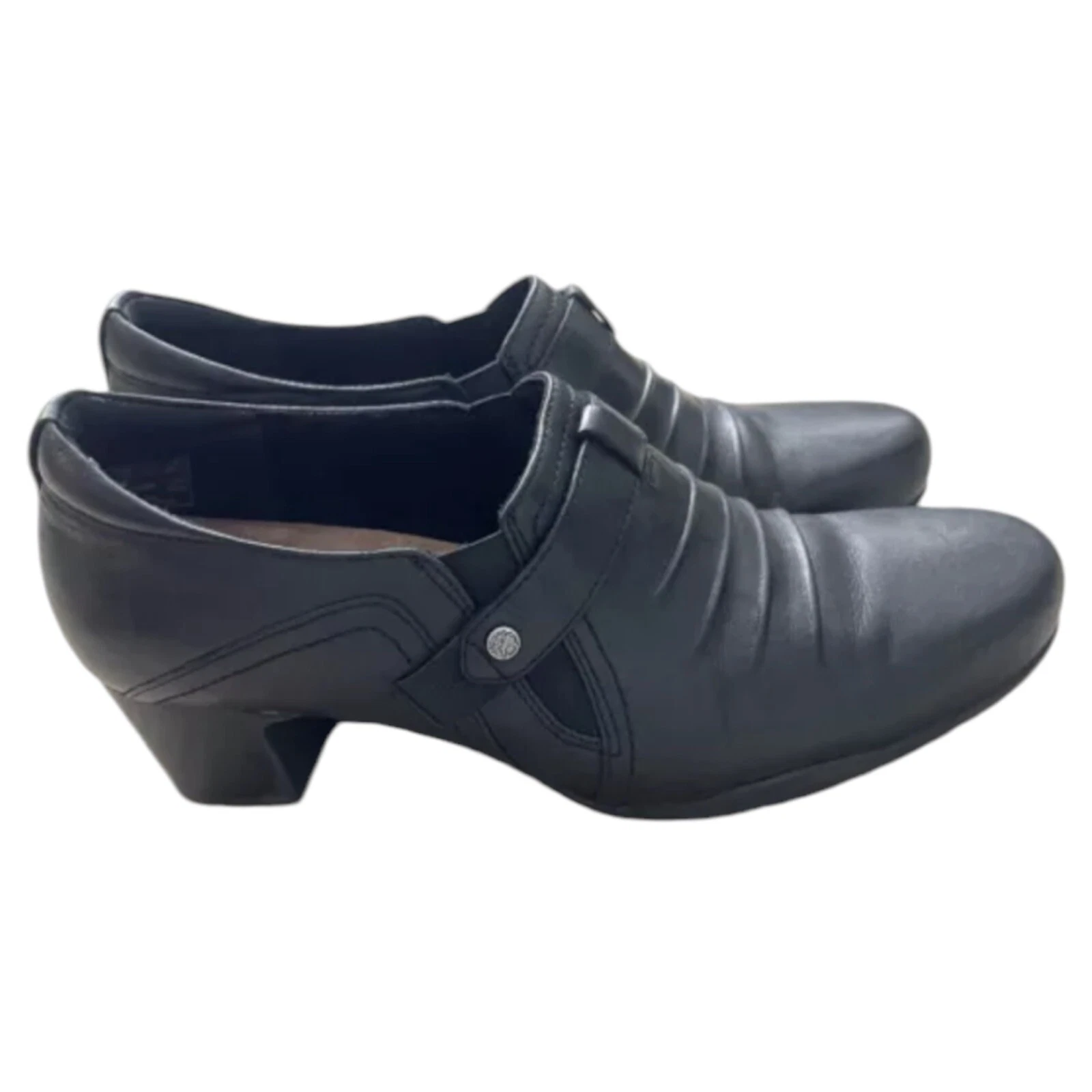 Mocassini donna CLARKS pelle nera artigianali Rosalyn Nicole décolleté tacco 2" taglia 10