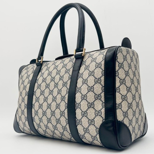 GUCCI Vintage GG Boston Bag Handbag Navy Leather PVC Gold Hardware Unisex