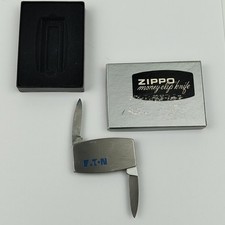 Vintage Zippo Eaton Advertising Metal Money Clip 2 Blade Folding Pocket Knife