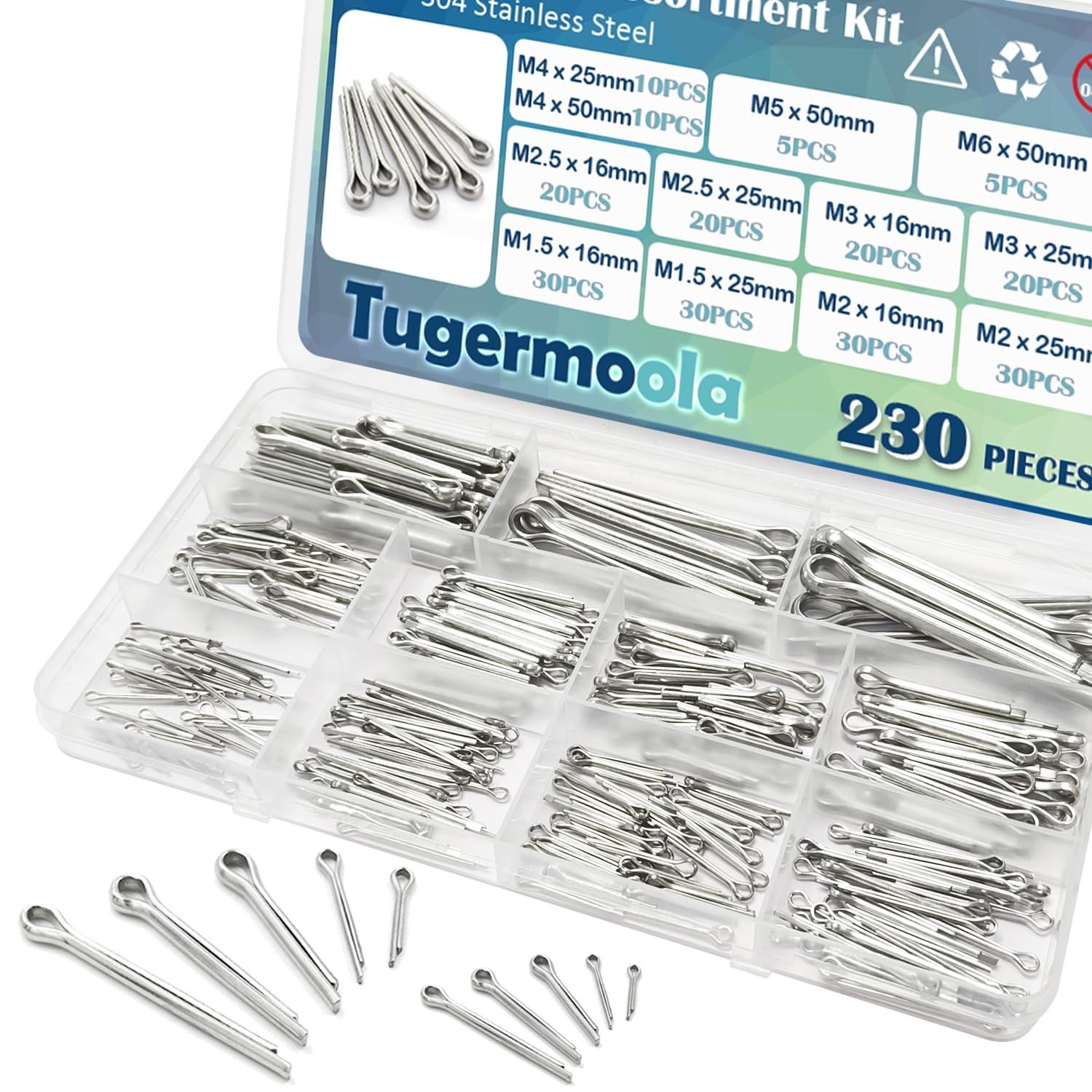 230PCS Cotter Pins Assortment Kit 304 Stainless Steel Split Pin.12 Sizes