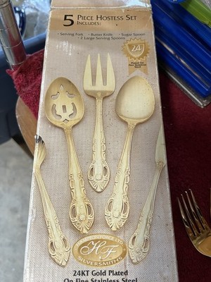 5 Piece hostess Set With 4 Serving Spoons 4 Soup Spoons 4 Knives 4 Forks Gold