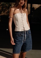 ZARA Beige Cotton Corset Top Lace-Up Front Zip Back Women's Size M