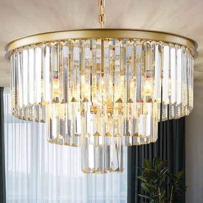 Gold Modern Crystal Chandelier, 3-Tier Round Flush Mount Ceiling Light Fixtur...