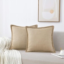 Set of 2 Farmhouse Throw Pillow Covers Burlap Linen Trimmed Tailored Edges