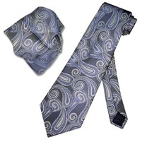 BLUE Paisley Design NeckTie Handkerchief Matching Mens Neck Tie Set