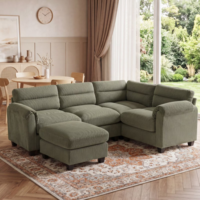 Canmov Modular Sectional Couch, Convertible 4-Seater Corduroy Sofa with Ottoman