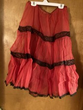 Vintage Small Triple Tier Red Chiffon W/ Black Lace Petticoat.No Tears Or Stains