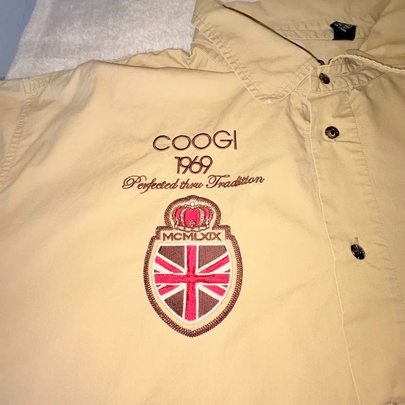 Coogi Shirt Men 5XL Khaki Logo Embroidered Button-Up Vented Y2K Streetwear*flaw - Image 4 of 4