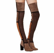 Jeffrey Campbell OTK Over Knee Boots Womens US 8 Heeled Finestra Patchwork Retro
