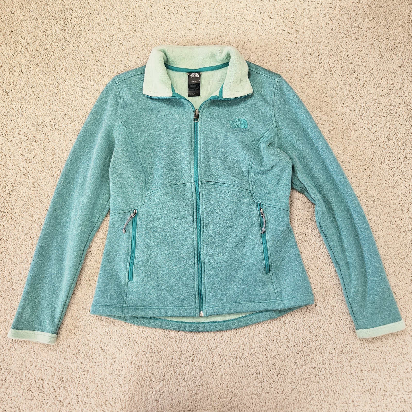 North Face Fleece Jacket Womens Turquois Green Full Zip Pockets Outdoor Medium