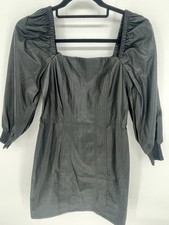 7 For All Mankind Faux Leather Mini Dress Black Small Puff Sleeves Square Neck