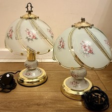 Pair of Vintage Lloytron Gold Base & Floral Glass Panel Shade Touch Table Lamps